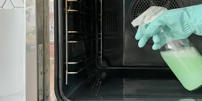 Young woman in apron cleaning the oven with spray and cloth