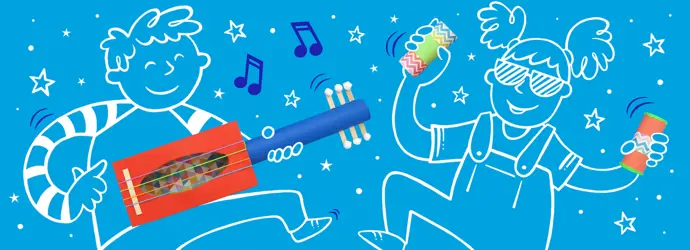 A boy and a girl dancing and playing handmade musical instruments