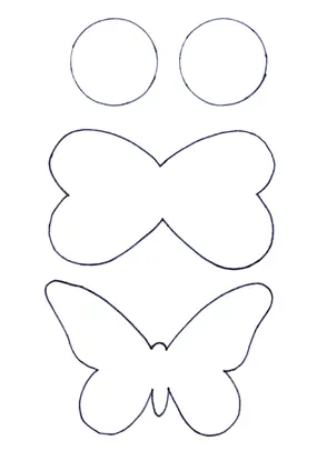 A white page printout with black outline of two circles at the top, and two different shaped wing pairs below.