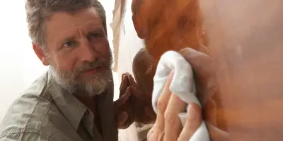 Man cleaning a wooden table