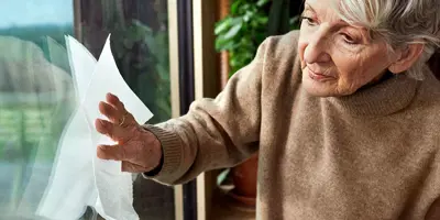 Eine alte Dame in einem beigen Pullover putzt ein Fenster.