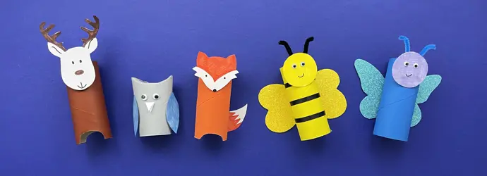 5 cardboard tube animals. Left to right are a brown reindeer, grey owl, orange fox, yellow bee, and blue butterfly.