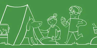 Illustration with green background with a couple and a dog camping