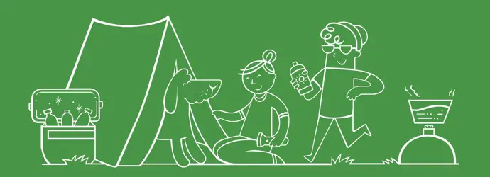 Illustration with green background with a couple and a dog camping