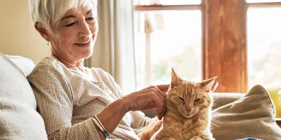 Smiling woman pets a ginger cat on her lap on the couch.