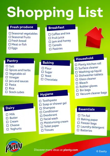 Shopping list - Printable infographic with green background and bullet points containing basic shopping suggestions