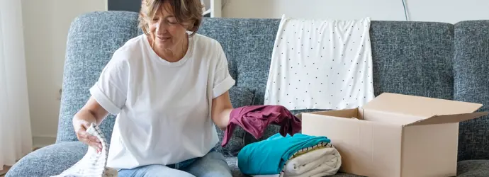 A woman sorts clothing into a box in a cozy living room.